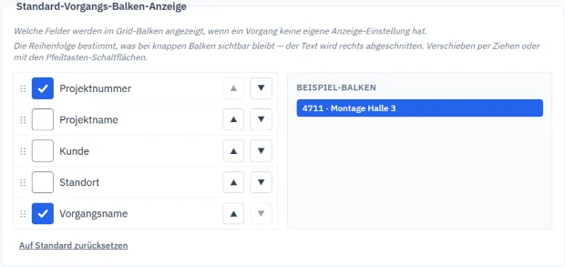 Einstellung der Standard-Balkenanzeige: Felder zum Ankreuzen und Verschieben, rechts ein Beispielbalken, Demo-Daten
