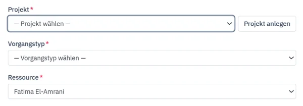 Ausschnitt aus der Maske „Vorgang schnell anlegen“ mit dem Knopf „Projekt anlegen“ neben der Projektauswahl, Demo-Daten