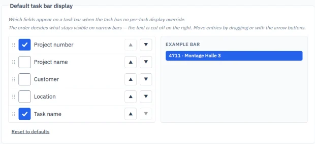Default task bar display setting: fields to tick and reorder, an example bar on the right, demo data