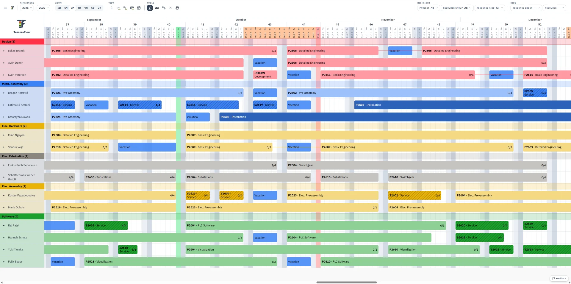 Plan in TesseraFlow over three months with different, custom group colours, demo data
