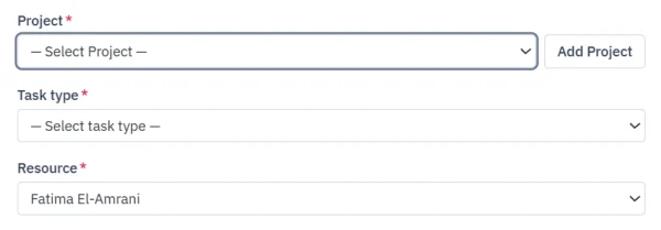 Part of the “Quick task create” dialog with the “Add Project” button next to the project selection, demo data
