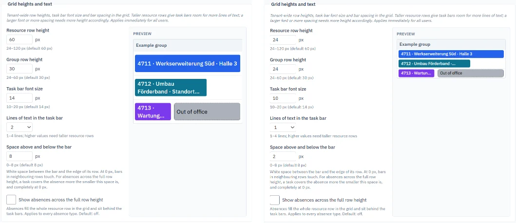 Settings for row height, font and spacing with a preview, standard on the left, compact on the right, demo data